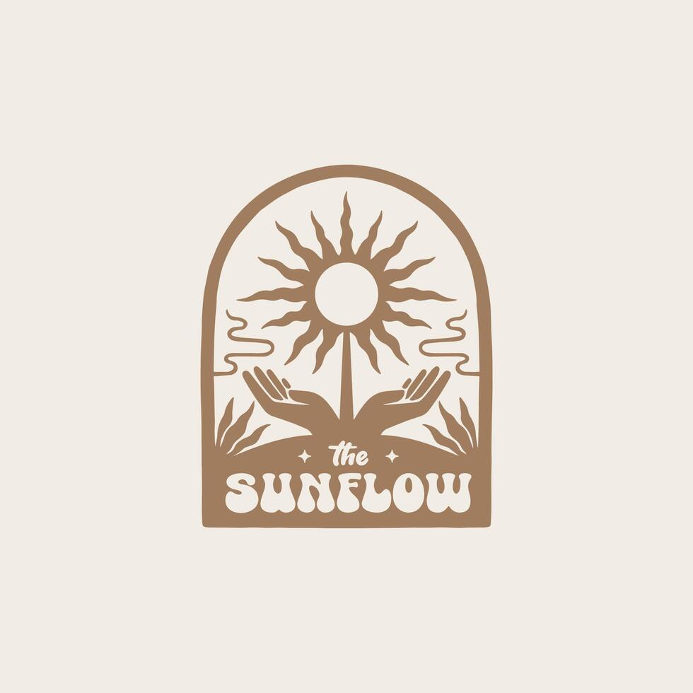 Sun flower with two hands boho alchemy esoteric magic celestial talisman mystical logo design. vector