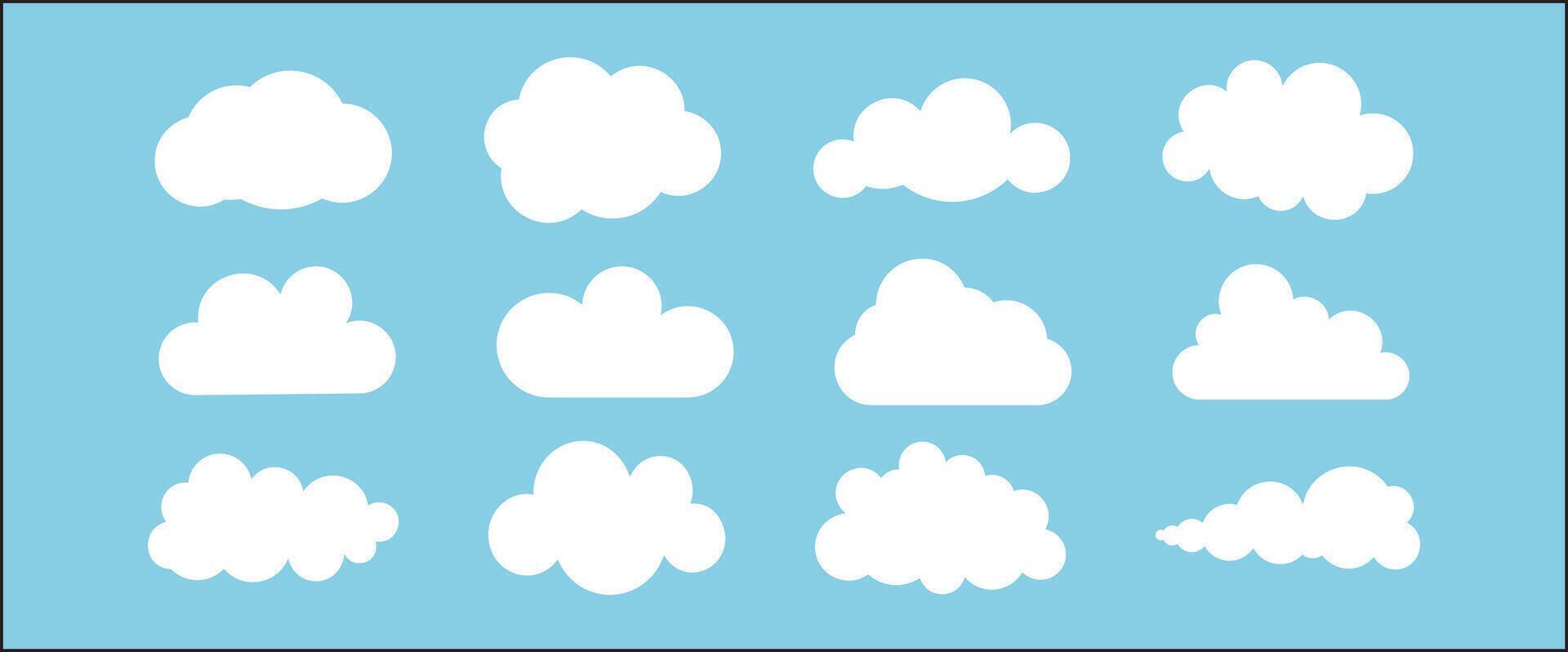 Set of 12 flat clouds. Simple cute illustration. Children's drawing. A weather or cloud storage icon. Blue summer sky. vector