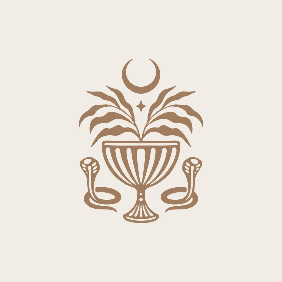 Boho alchemy esoteric mystical magic celestial talisman with moon, star, plants, pot and snakes element design. vector