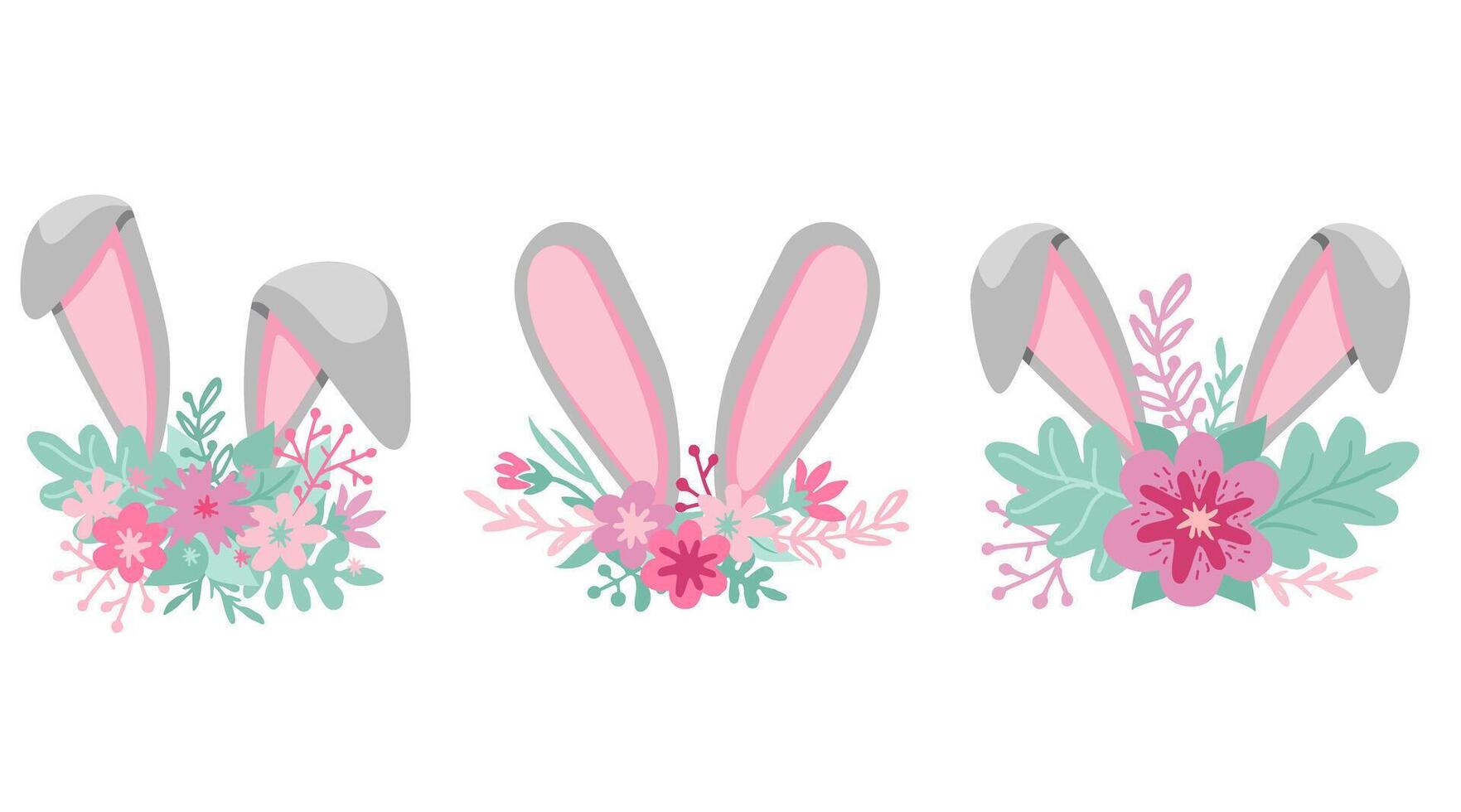 Easter phrases. Text greeting card templates with Easter eggs, bunny ears and spring flowers isolated on white background. Set vector