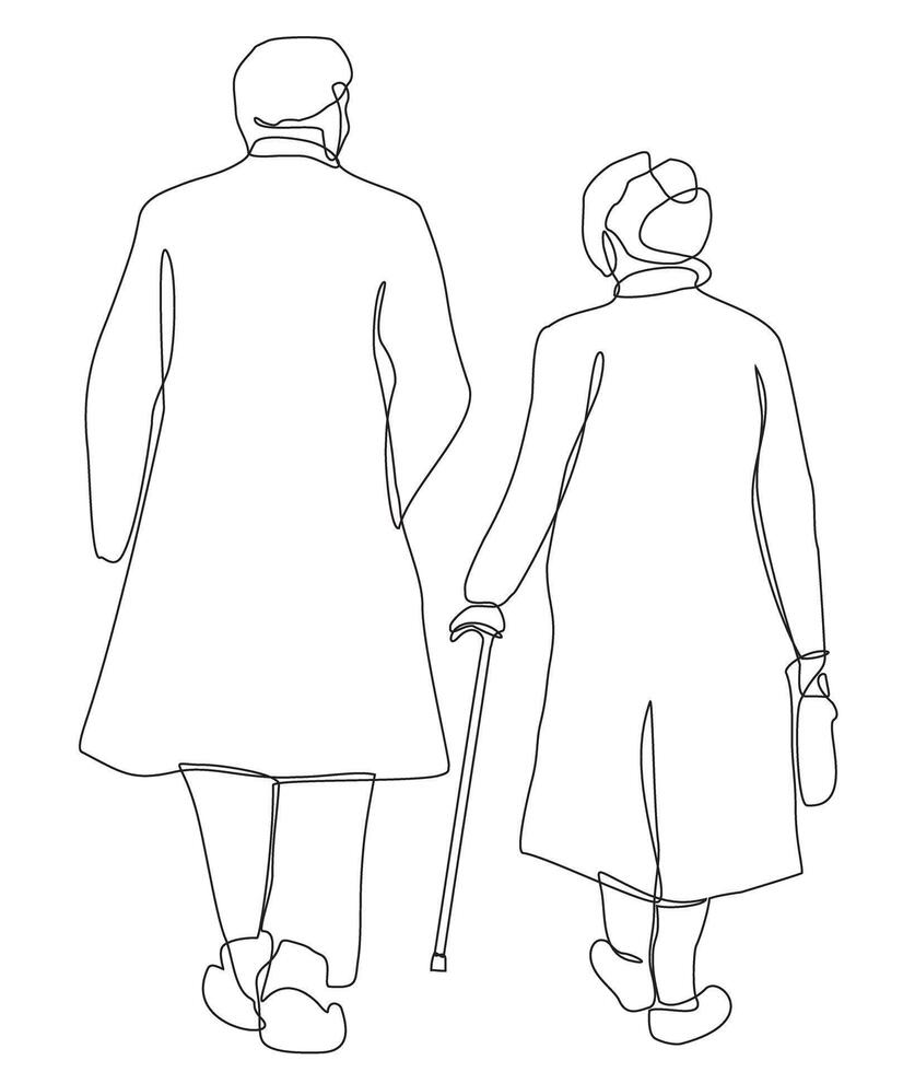 Elderly couple Elderly man and woman walking together holding hands. done in continuous line drawing style. vector