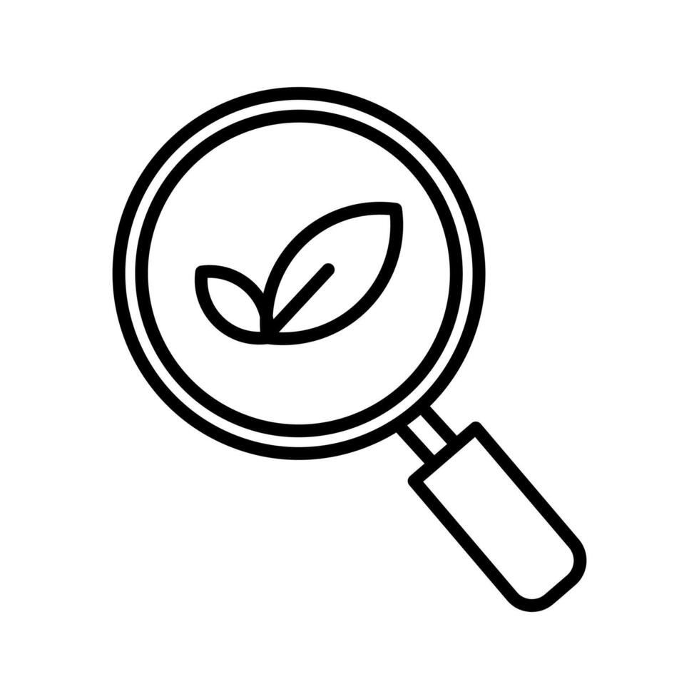 eco search line icon, Closeup magnifying glass with leaf inside, perfect for ecofriendly concepts, nature exploration, biology, and environmental themes in design projects. vector