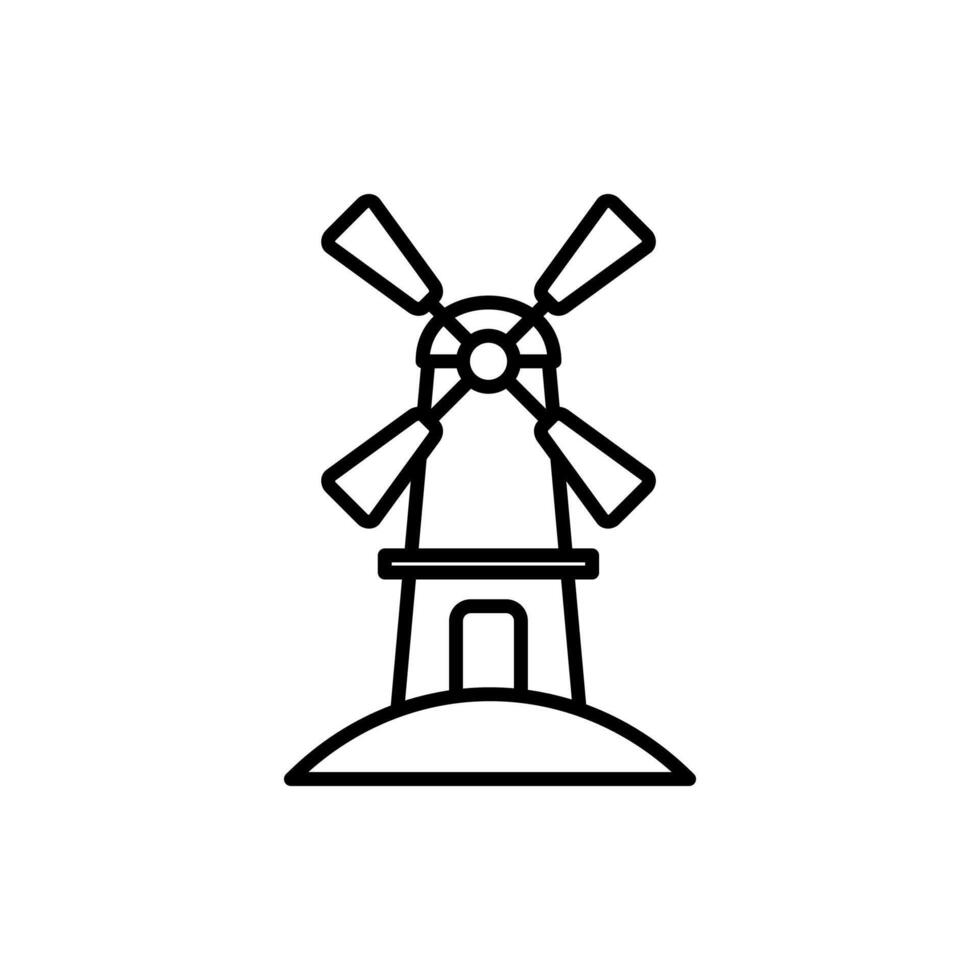 Windmill icon design with line style isolated on white background. The windmill is on a hill and surrounded by fields. vector