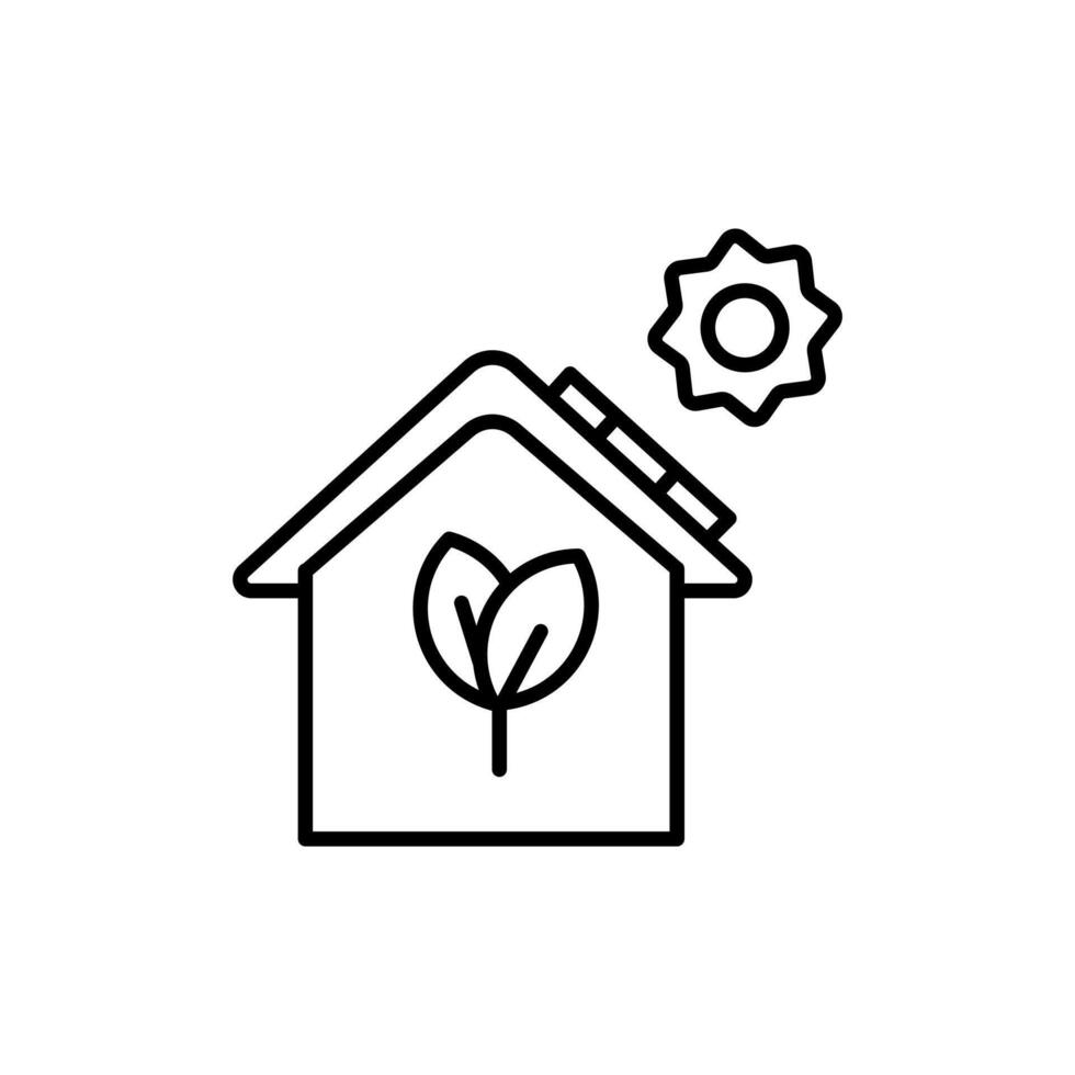 Eco House line icon, House with gear above it and plant inside, suitable for technology or ecofriendly concepts in real estate, construction, or environment. vector
