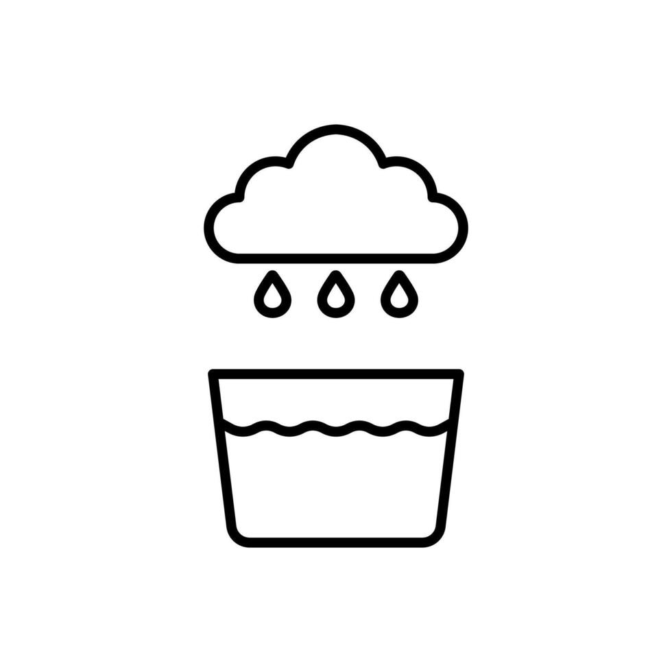 Rainwater Harvesting icon line, Cloud raining into a bucket of water, perfect for illustrating conservation, water collection, ecofriendly concepts, weather influences on natural resources. vector
