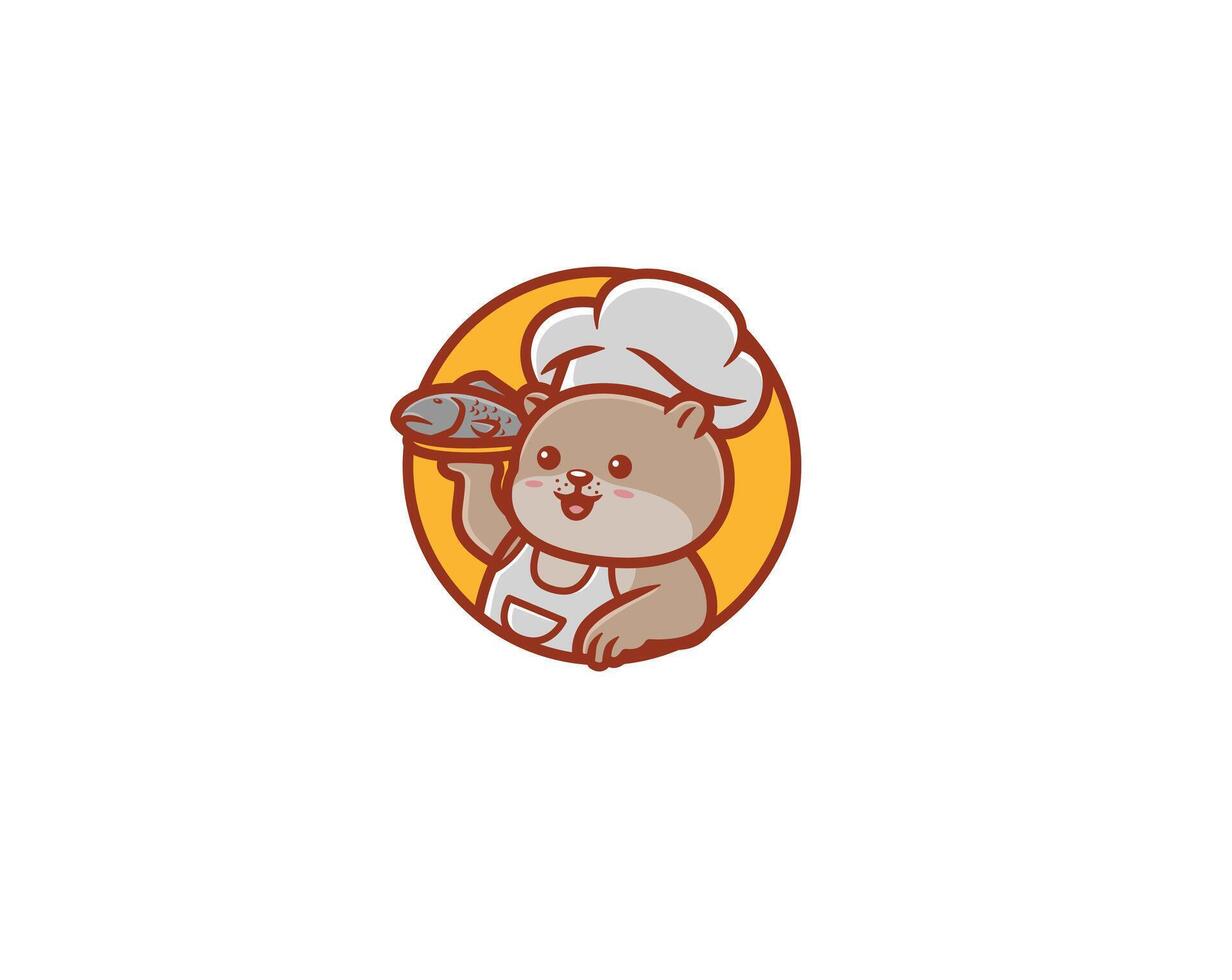 Cute otter chef serving fish dishes logo vector