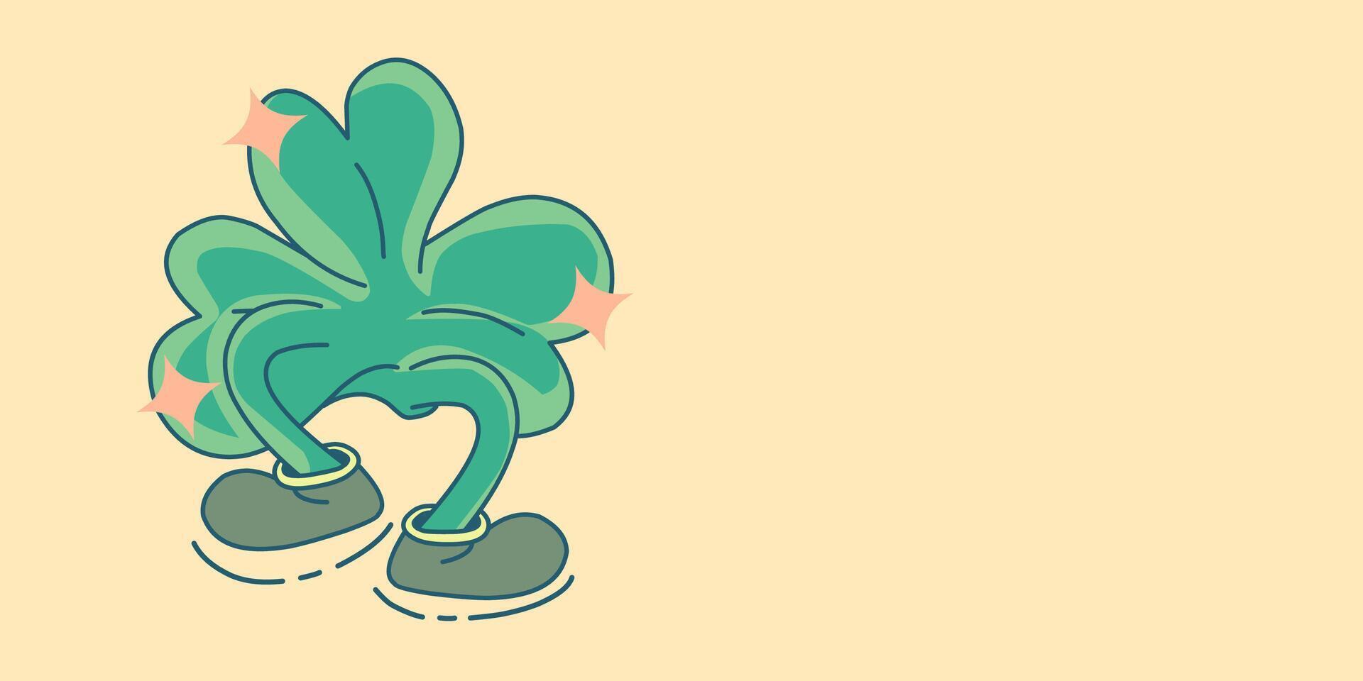anthropomorphic shamrock stands smiling in small shoes on a light yellow background, sparkling with glitter. Whimsical cartoon style, likely for St. Patrick's Day. vector