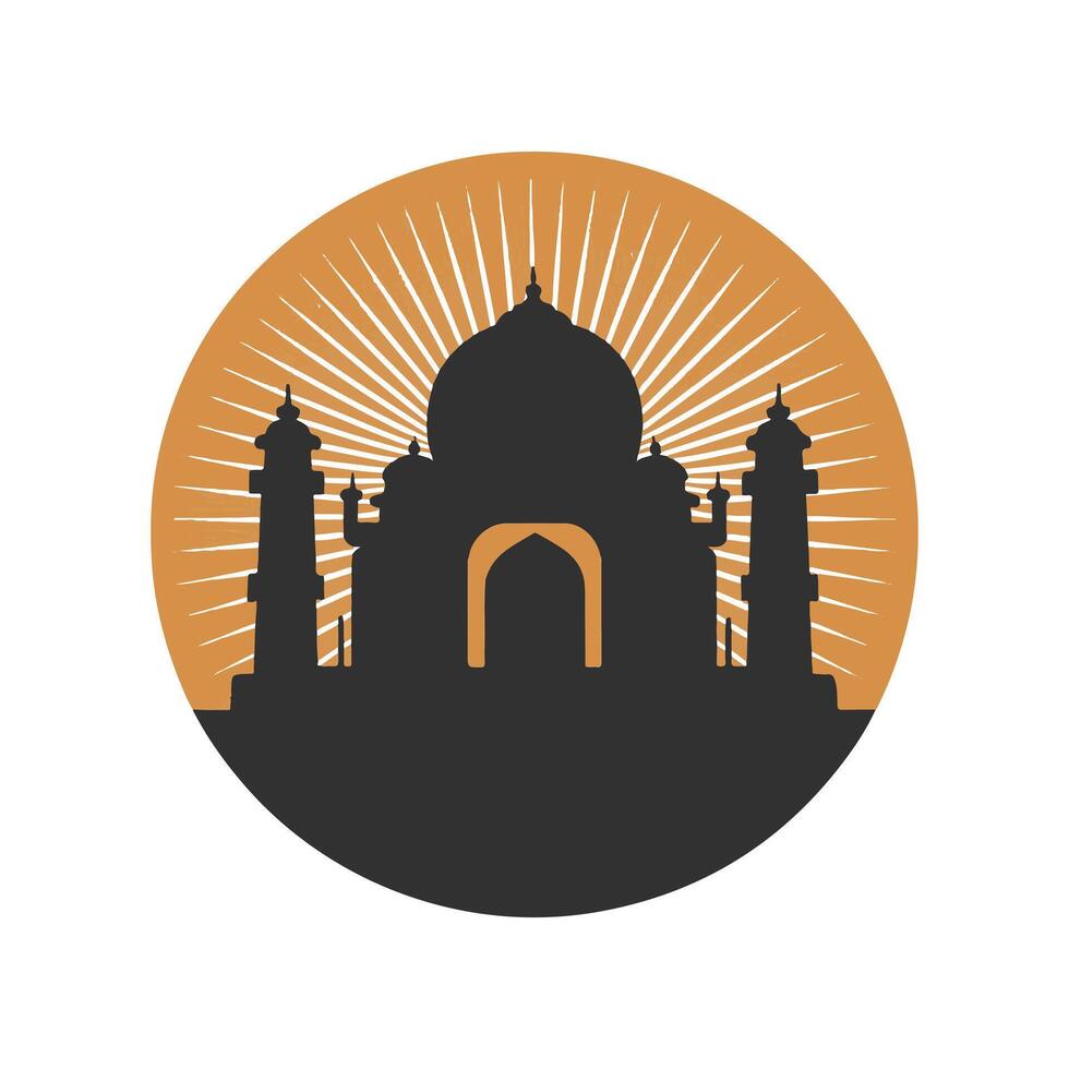 Silhouette of the Taj Mahal, India, with sunburst background vector