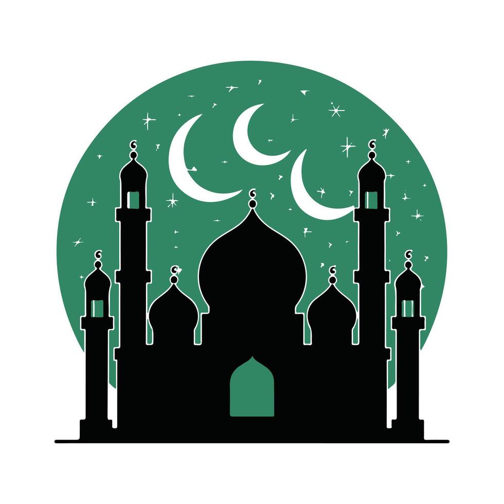 Silhouette of a Mosque at Night, Featuring Crescent Moons vector