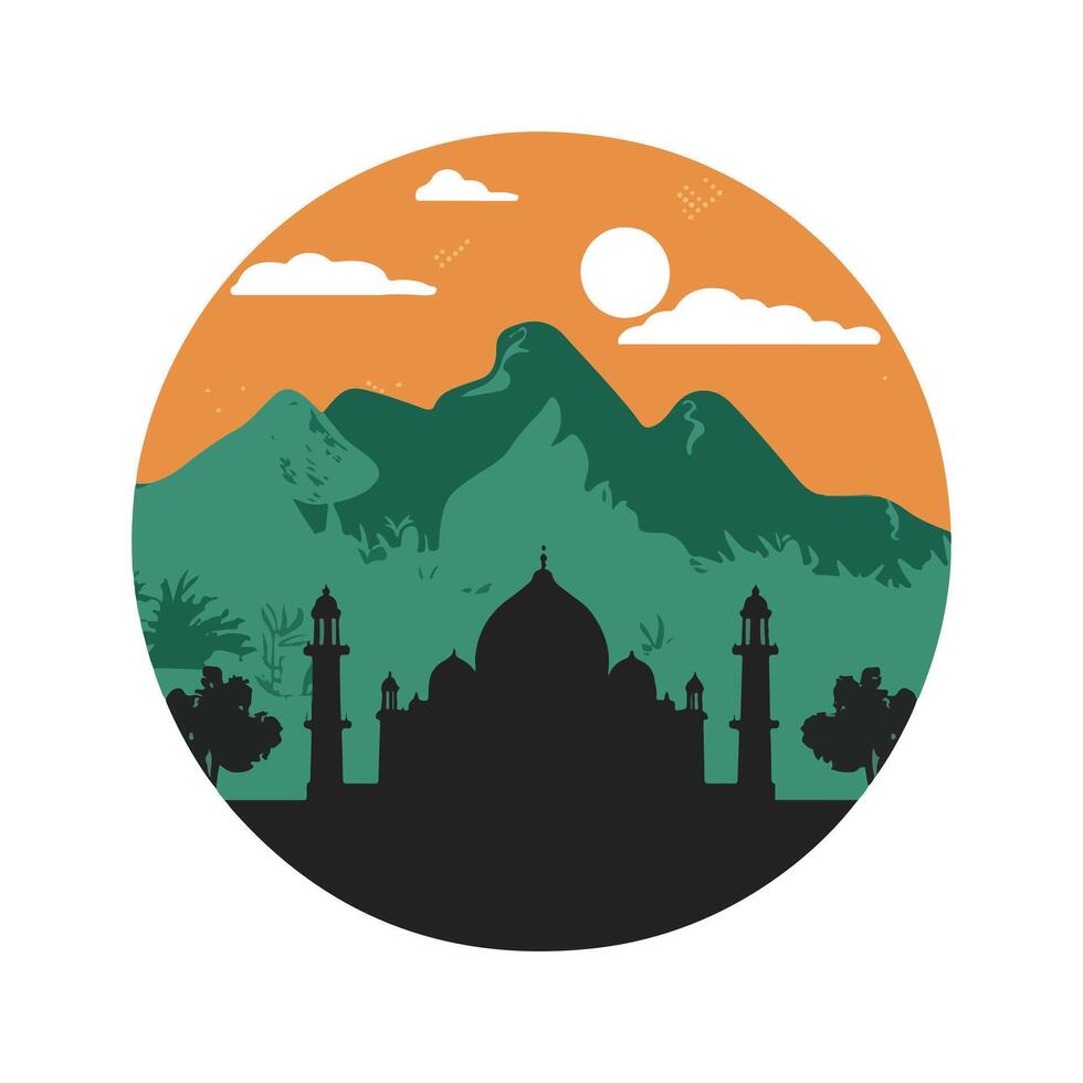 Silhouette of a Mosque against a Mountain Landscape vector