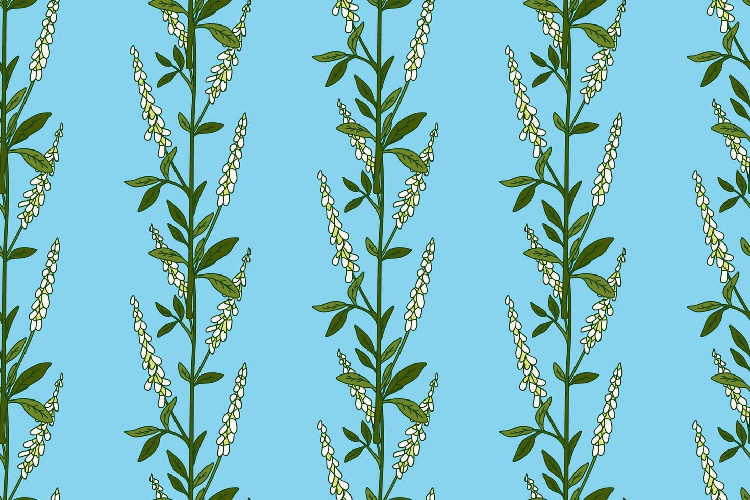 Botanical abstract plant seamless pattern with wildflowers illustration. Repeating retro floral pattern in light blue color background. Graphic design for Wallpaper Textile Cover Birthday Card vector