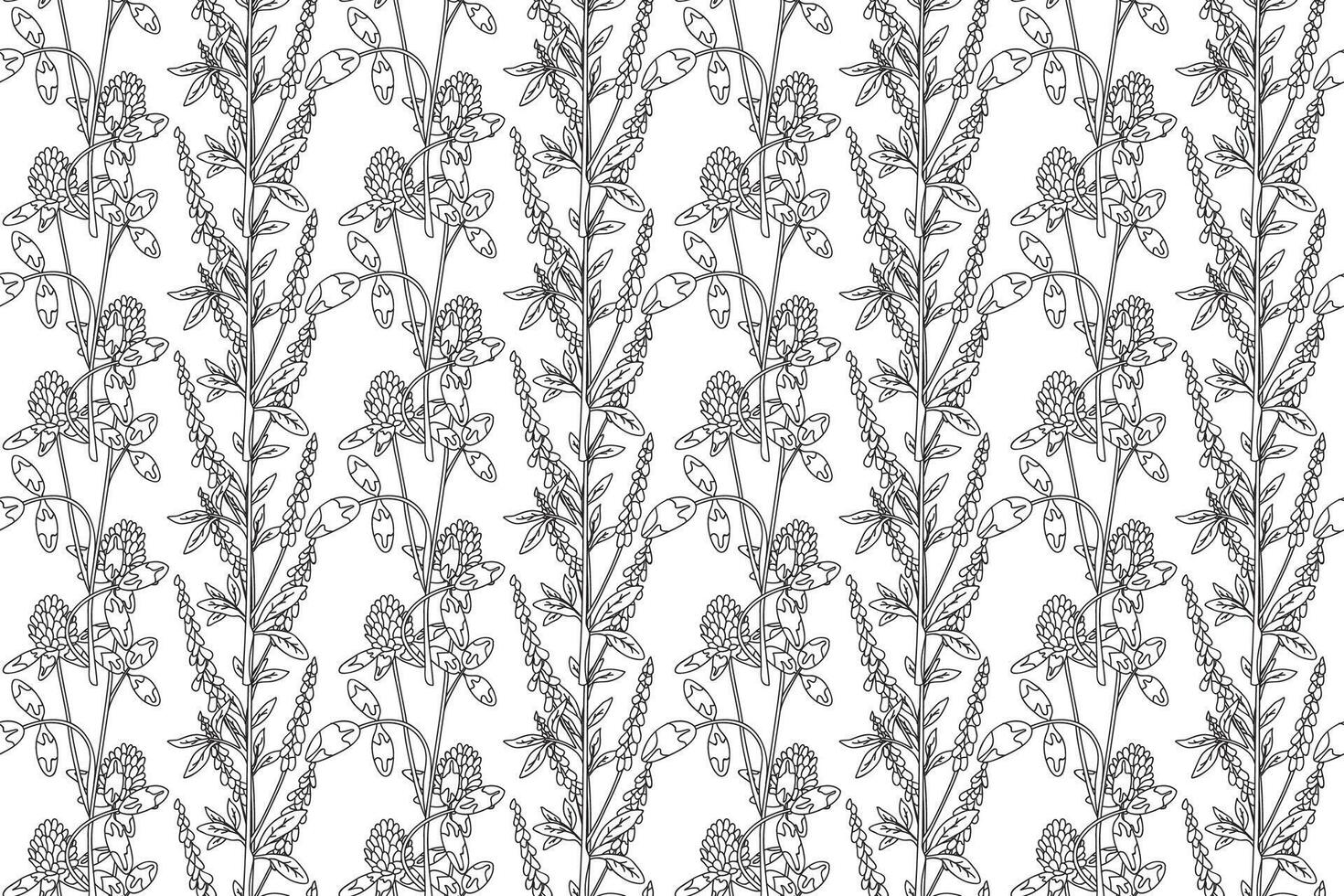 Line art botanical abstract seamless plant pattern with Clover wildflowers illustration. Black and white outline repeating floral background. Graphic design for Wallpaper Birthday Textile Cover vector