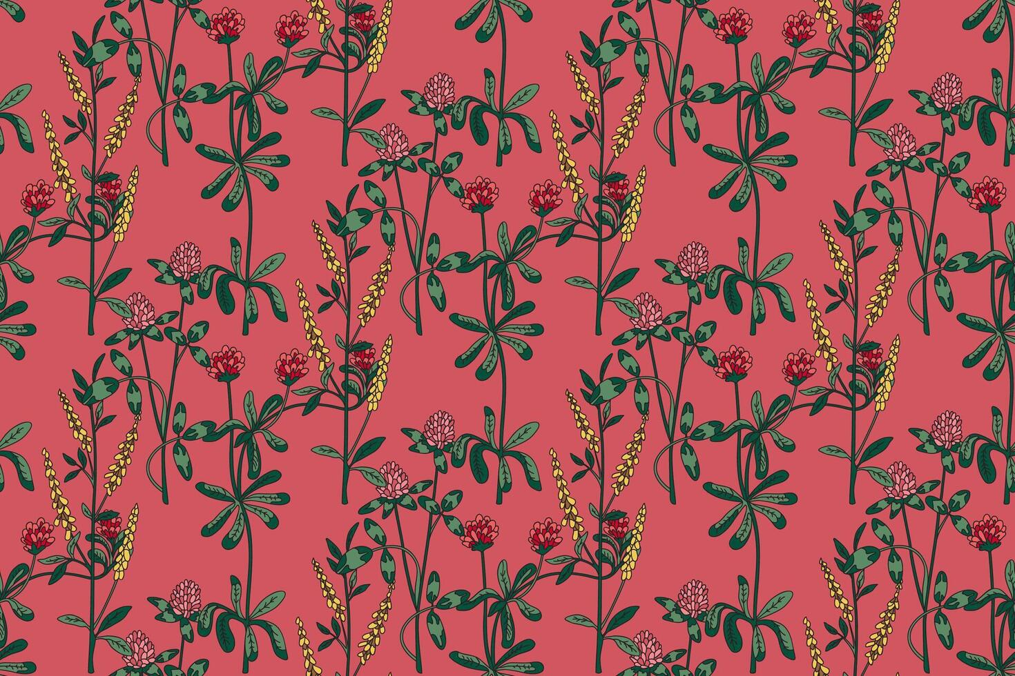 Botanical abstract plant seamless pattern with wildflowers Clovers illustration. Repeating retro floral pattern in pink color background. Graphic design for Wallpaper Textile Cover Birthday vector