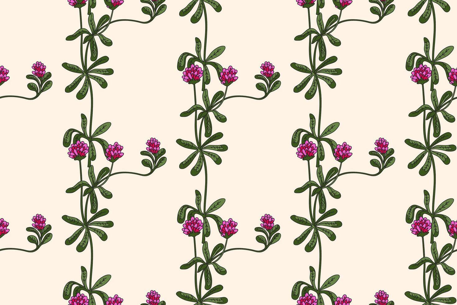 Botanical abstract plant seamless pattern with wildflowers Clovers illustration.Repeating retro floral pattern in pink color background. Graphic design for Wallpaper Textile Cover Birthday Card vector