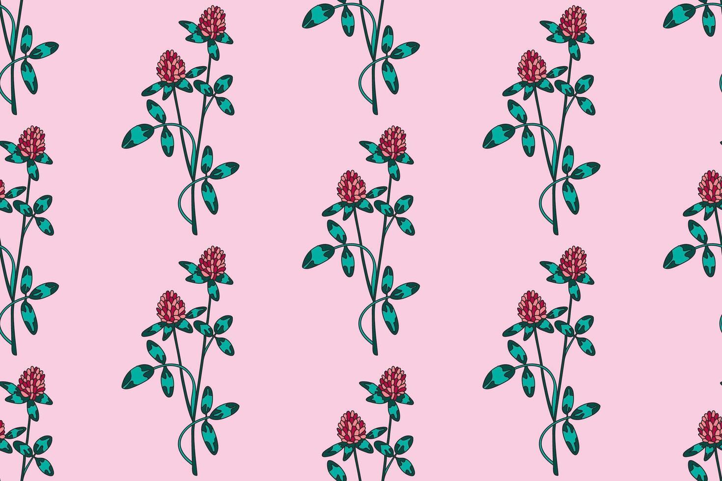 Botanical abstract plant seamless pattern with wildflowers Clovers illustration.Repeating retro floral pattern in pink color background. Graphic design for Wallpaper Textile Cover Birthday Card Print vector