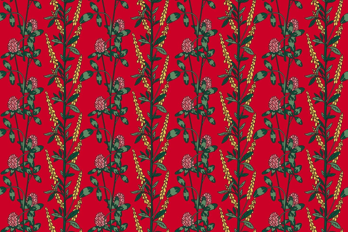 Botanical abstract plant seamless pattern with wildflowers Clovers illustration. Repeating retro floral pattern in red color background. Graphic design for Wallpaper Textile Cover Birthday Card vector