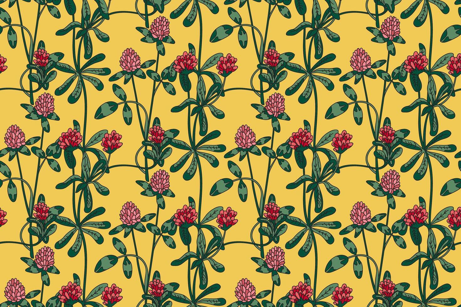 Botanical abstract plant seamless pattern with wildflowers Clovers illustration. Repeating retro floral pattern in yellow color background. Graphic design for Wallpaper Textile Cover Birthday vector