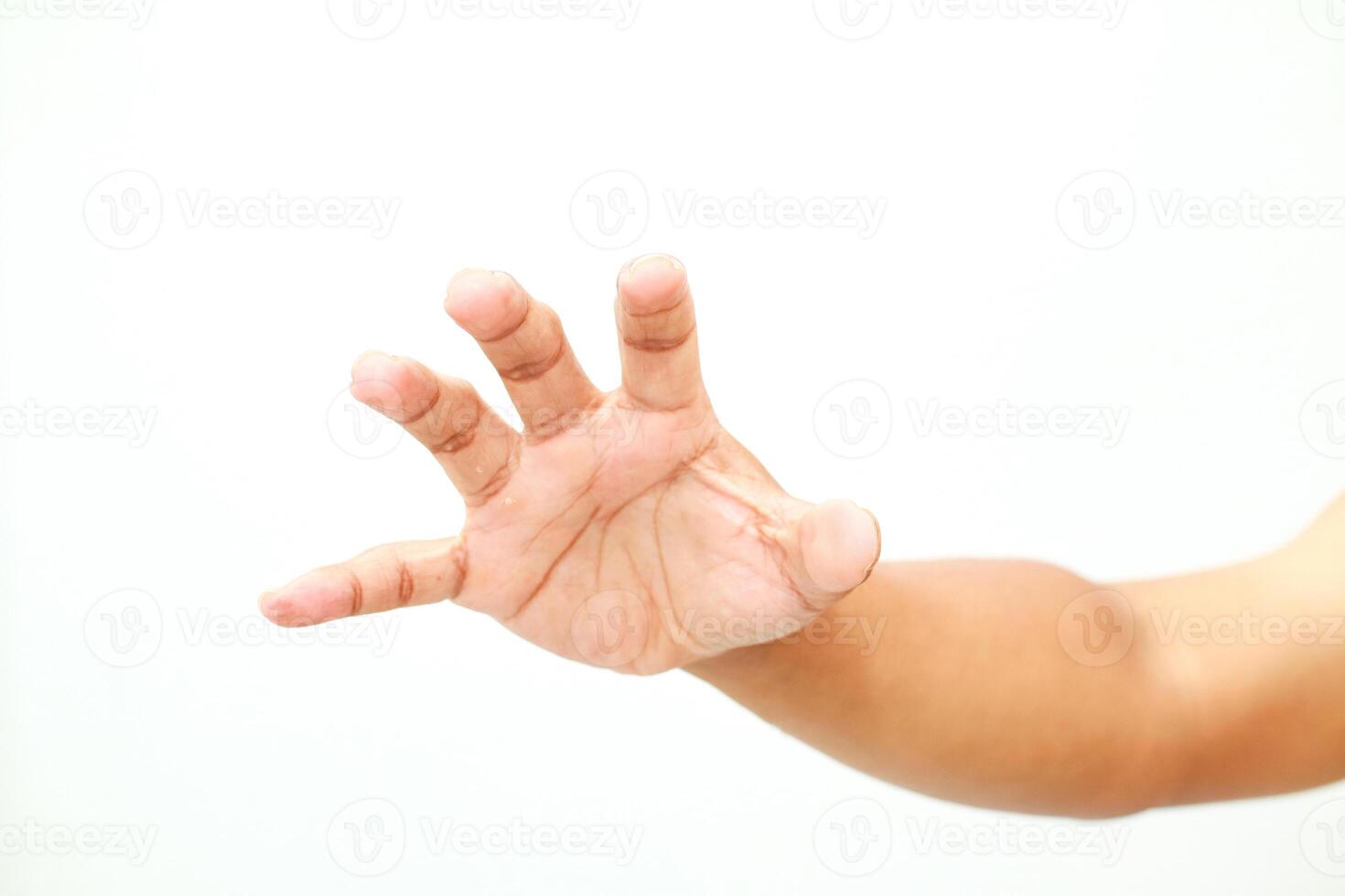 Reaching hand gesture with extended fingers, isolated on clean white background, conceptual arm close-up photo