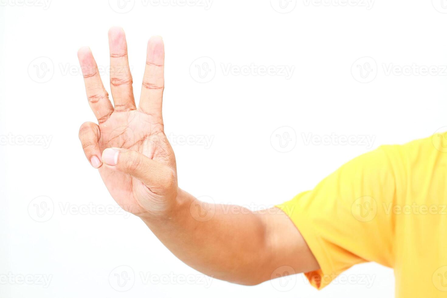 Counting fingers showing three gesture on clean white background for visual display photo