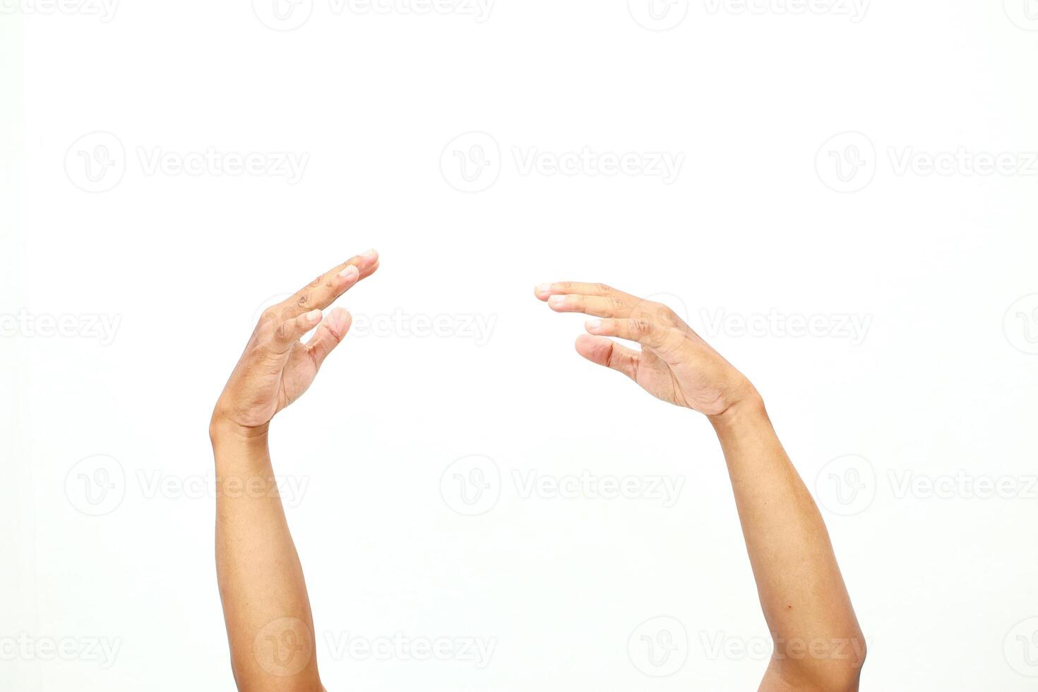 Two open hands reaching, expressing gesture towards blank space on white background photo