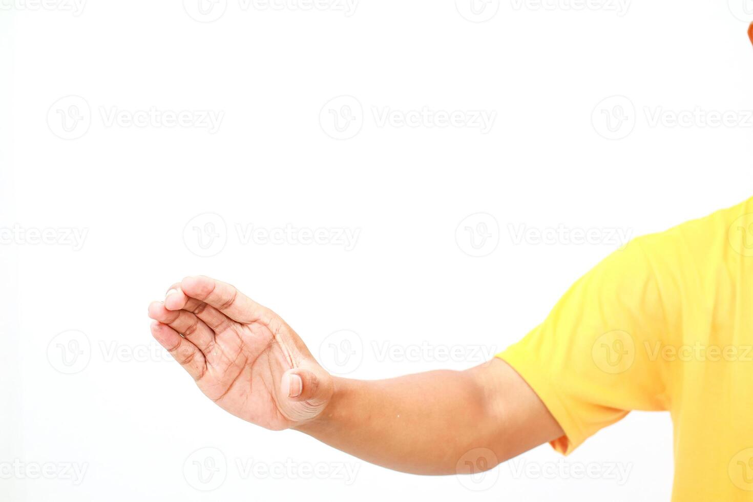 Extended hand with open palm against a clear white background for display concept photo