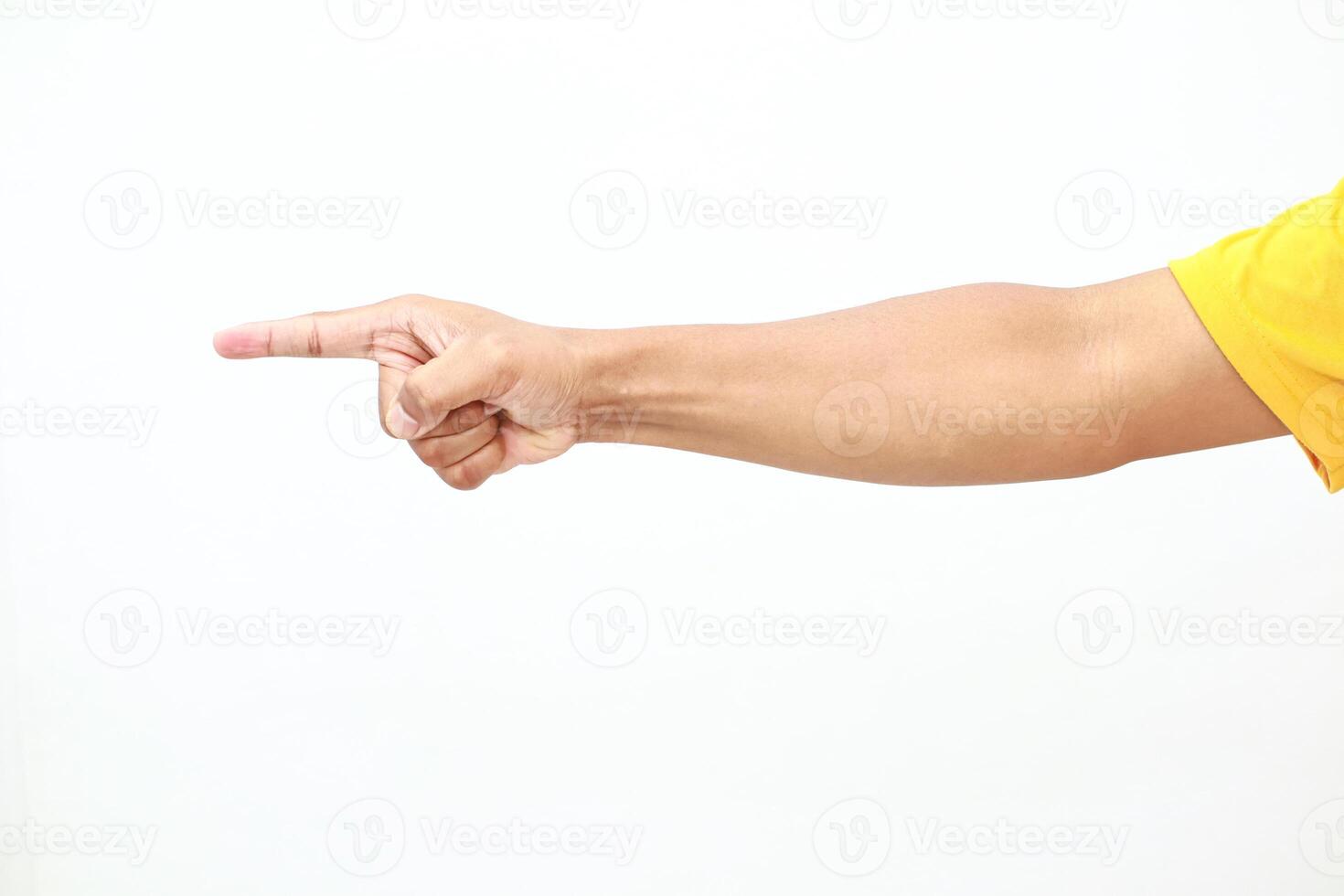 Directing arm indicating a direction or specific point against plain white backdrop photo