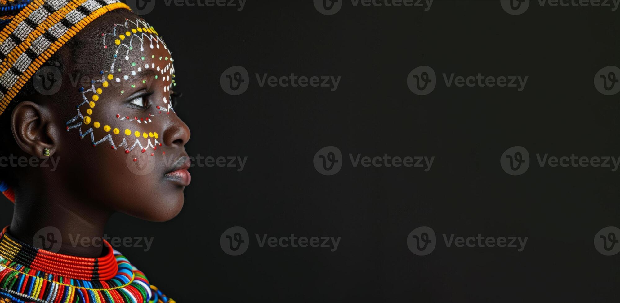 Young African girl wearing traditional beadwork and face paint in profile against a dark background, showcasing cultural heritage and artistic expression photo