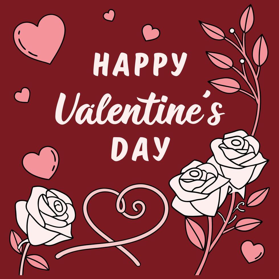 valentine's day card with roses and hearts on red background vector