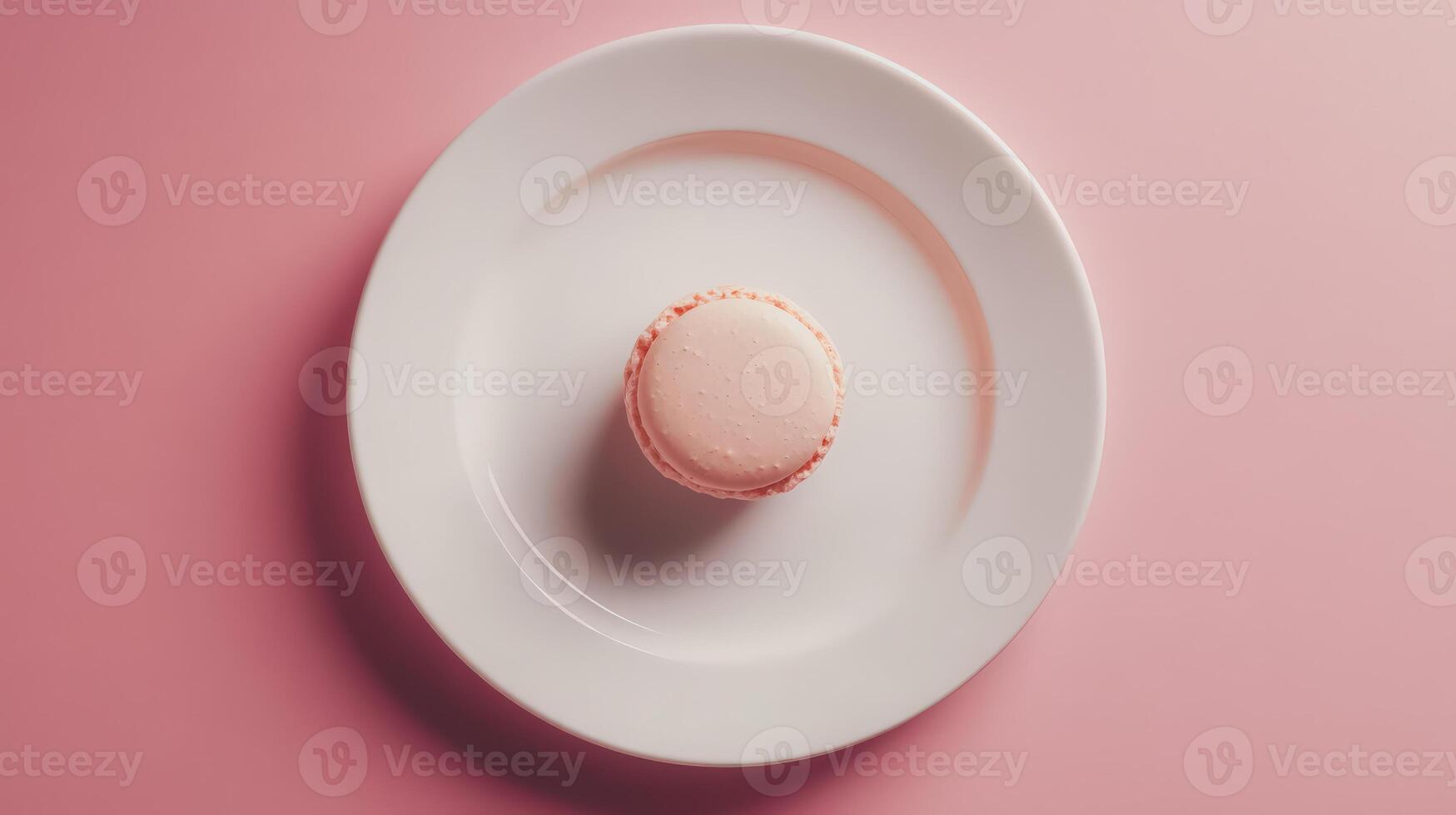 A white plate with a pink macaron on it photo
