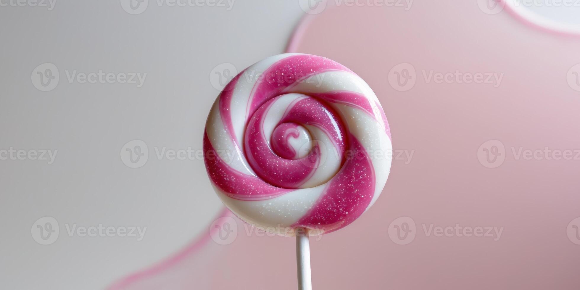 A close up of a pink and white lollipop on a stick photo