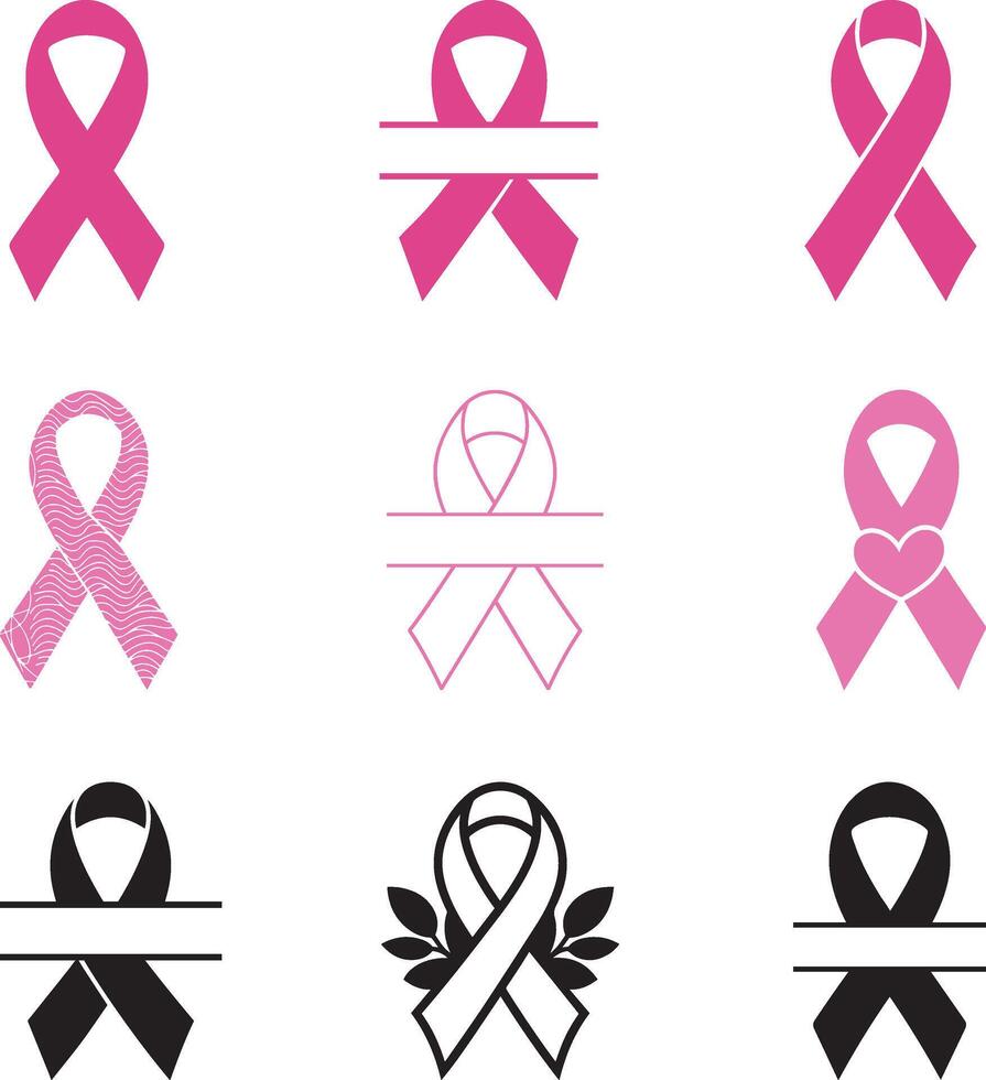 Breast Cancer Ribbon silhouette with a white background. Cancer Ribbon, Pink Ribbon Variations, Awareness Ribbon Monogram Silhouette. Awareness Ribbon Split Name Frame vector