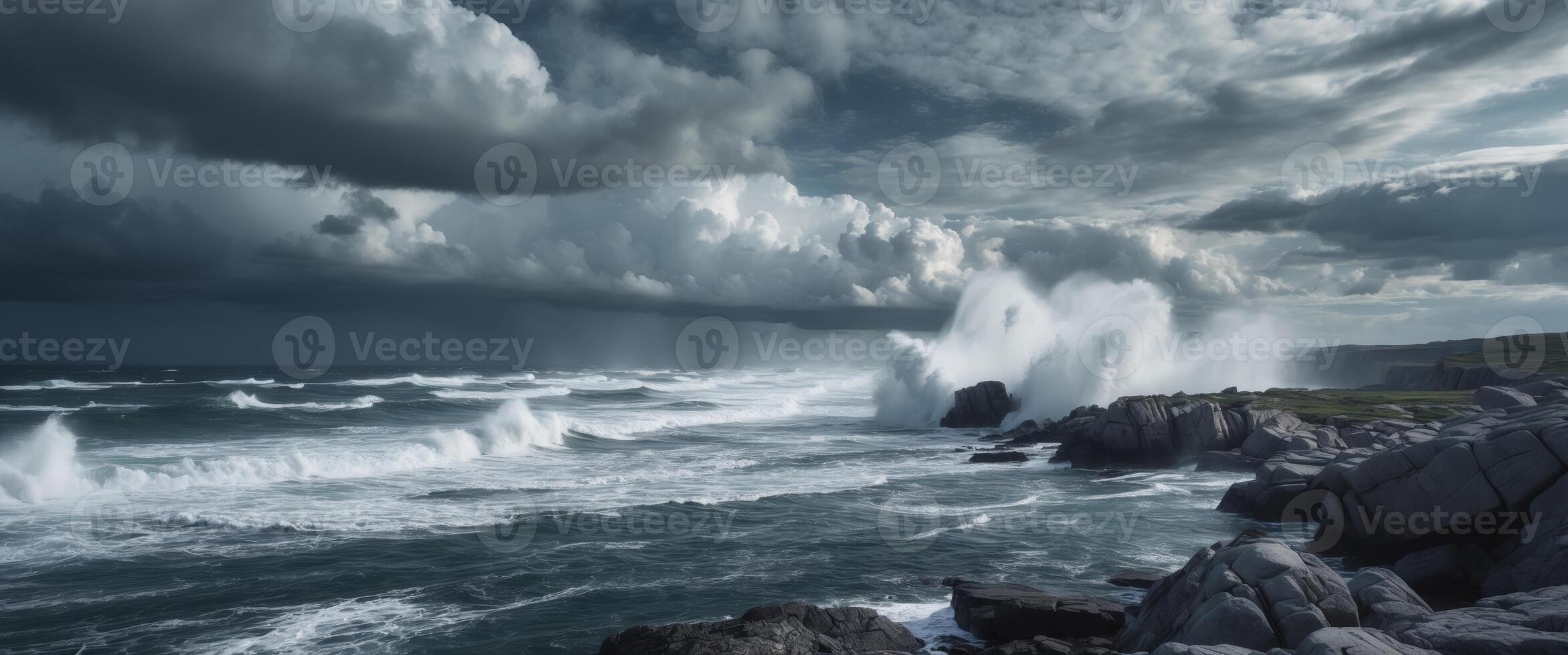 Dramatic rocky coastline featuring crashing waves under a moody cloudy sky creating a breathtaking natural seascape view. photo