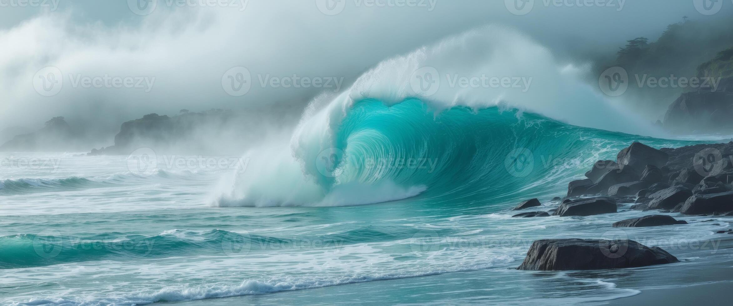 Powerful Teal Ocean Wave Crashing in Foggy Coastal Seascape. photo