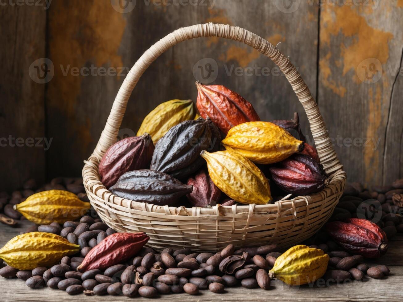 Vibrant Cocoa Pods in a Woven Basket Surrounded by Rich Cocoa Beans on Rustic Background. photo