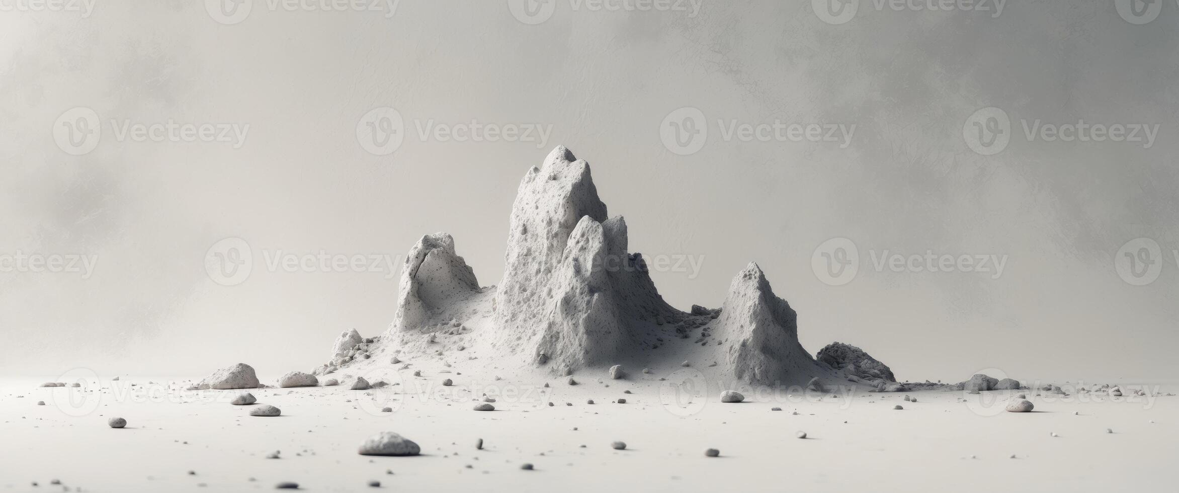 Abstract depiction of a textured rock formation with scattered debris on a light background. photo