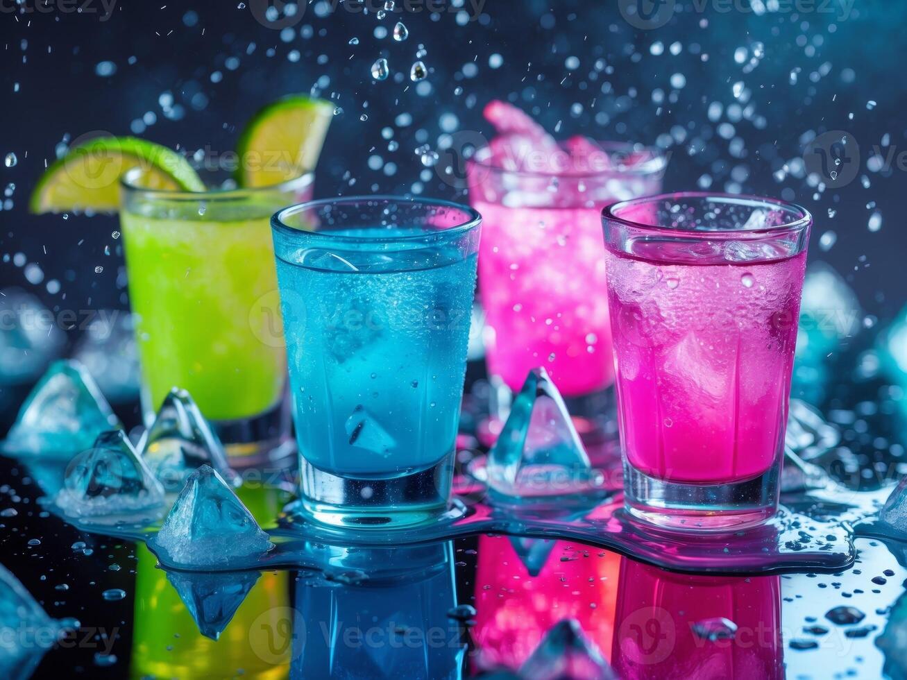 Colorful Shot Glasses with Neon Alcoholic Drinks and Ice Splashing on Mirror Surface photo