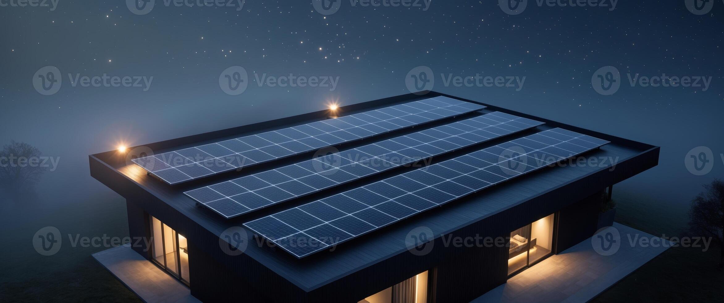 Modern Dark House with Solar Panels at Night Aerial View photo