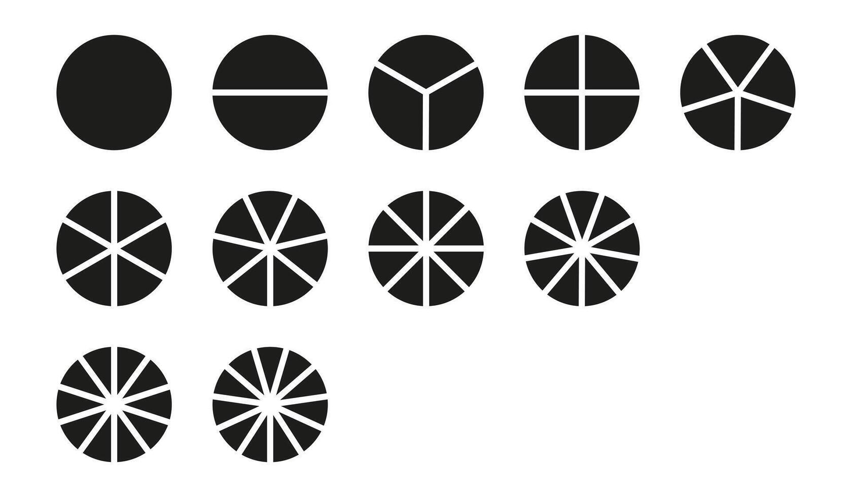Circle division on equal parts from 1 to 11. Infographic minimalist set. Coaching blank. Pie, pizza chart templates. Wheel round divided diagrams with segments. vector