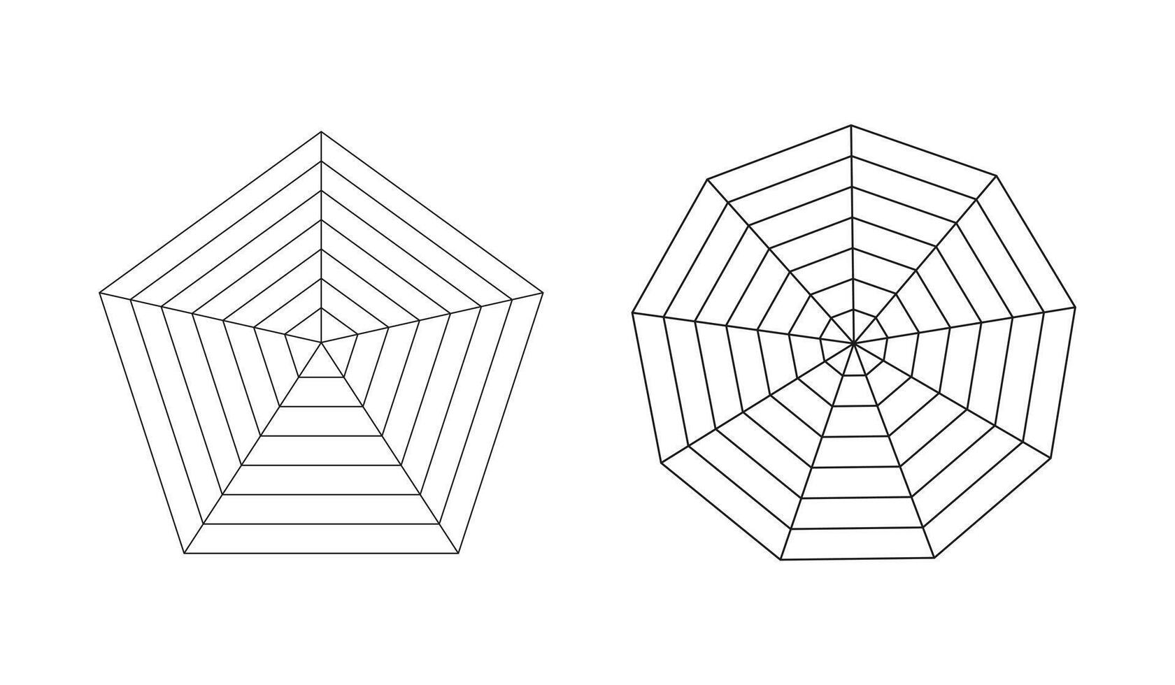 Pentagon, enneagon radars, spider diagram templates. Spider mesh layout. Polygon graphs mockup. Diagrams for statistic, analytic. Blank radar charts. Coaching tool. Grid with segments. vector