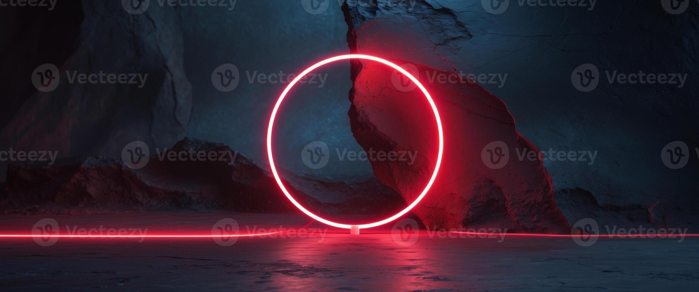 Illuminated red neon circle on textured dark background photo