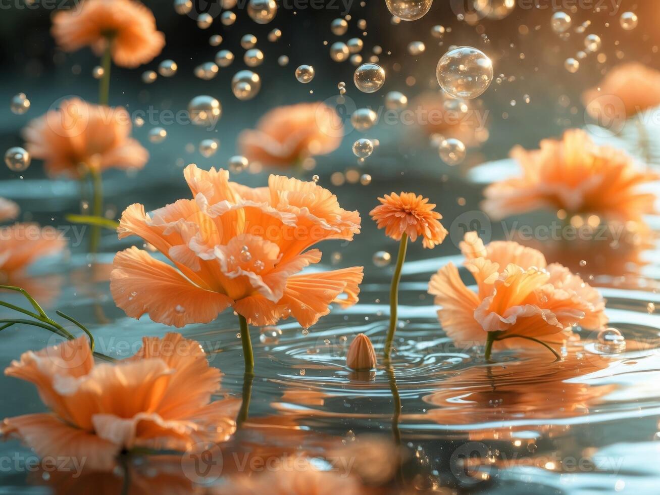 Delicate and elegant orange flowers gracefully floating in water while being surrounded by bubbles. photo
