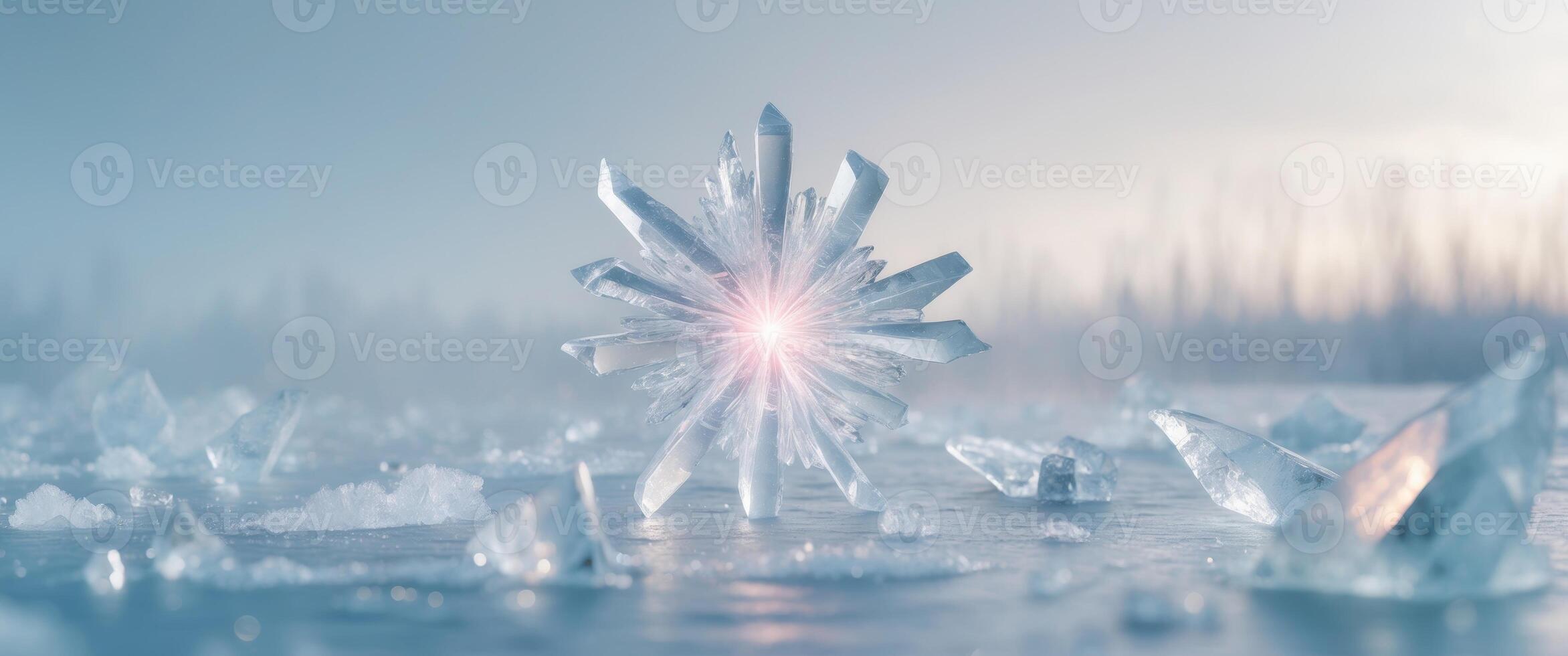 Ice crafted magical artifact glows amidst shards of ice in a frigid landscape photo