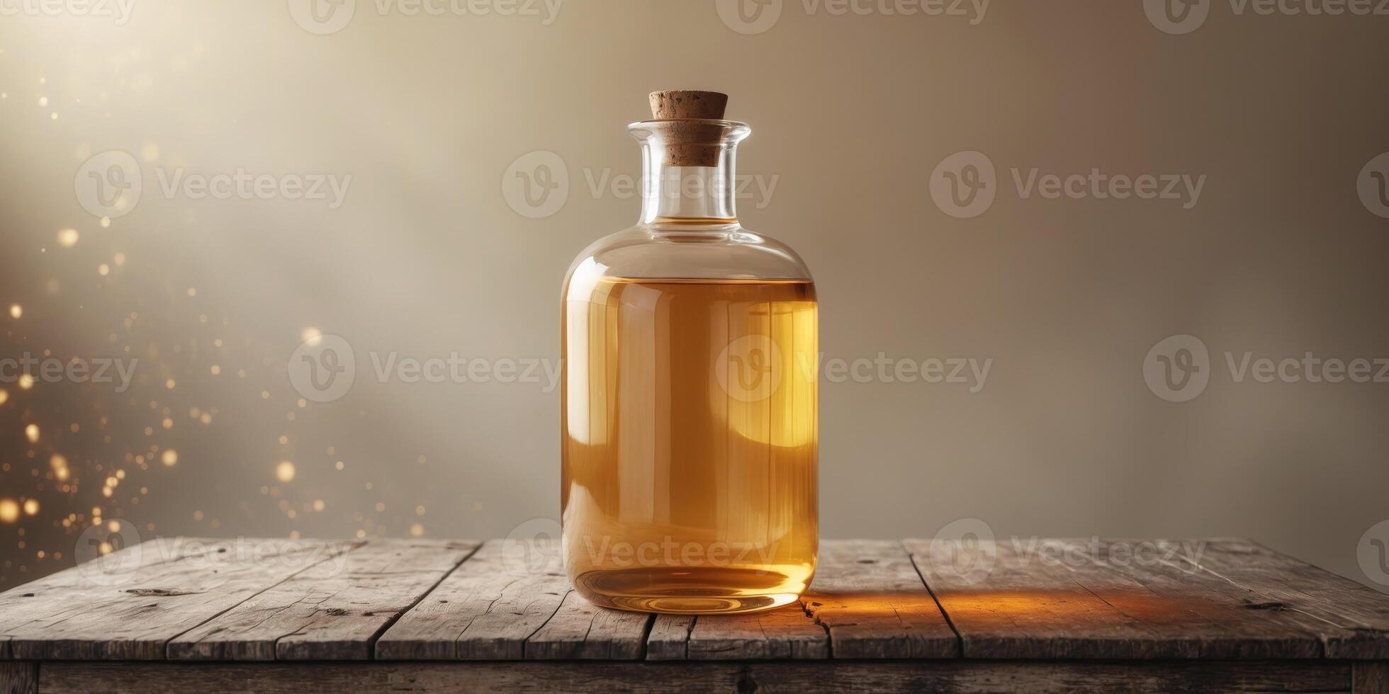 A clear glass bottle filled with amber liquid standing on a wooden table with blurred background photo
