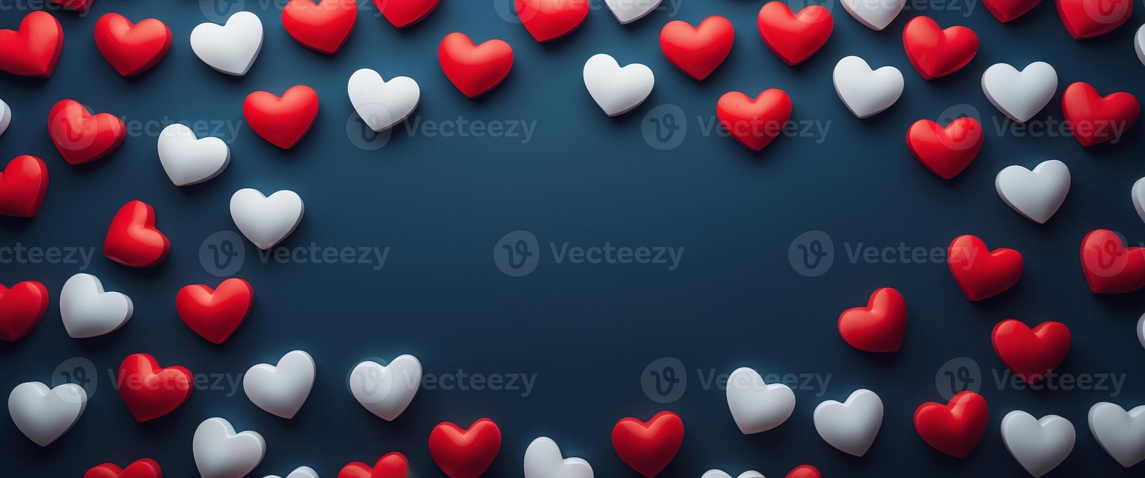Valentine's Day background with red and white hearts creating a border on dark blue background with copy space. photo