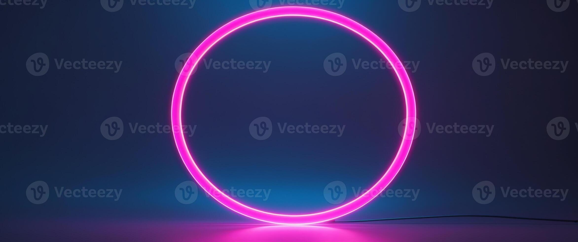 Vibrant Pink and Blue Neon Circle Glowing in Dark Space. photo