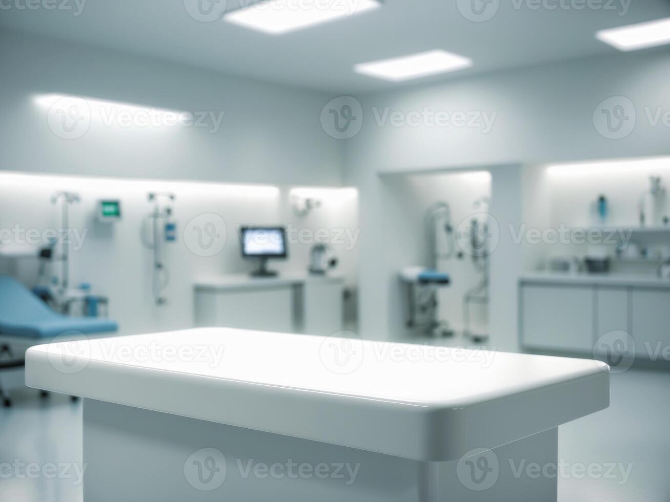 Empty blank white table top counter with blurred hospital clinic medical interior background for product display mockup photo