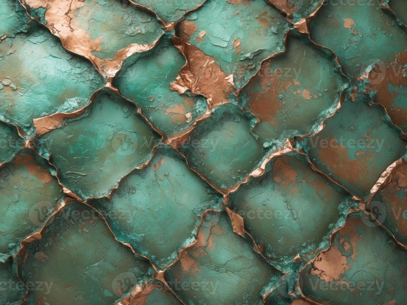 Green copper patina background with weathered metallic texture top view for design projects. photo