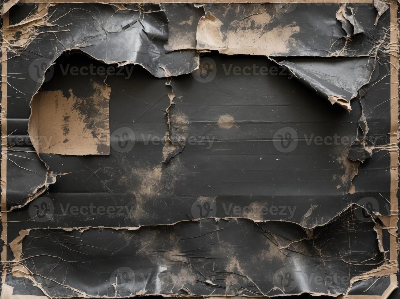 old black empty ripped folded torn cardboard paper poster grunge scratched old shabby surface distressed overlay texture for collage photo
