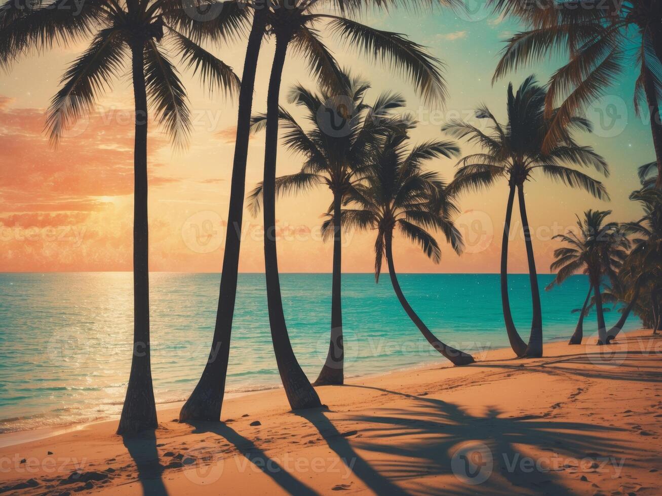 Silhouetted palm trees standing tall on a serene tropical beach at sunset with modern vintage color palette. photo