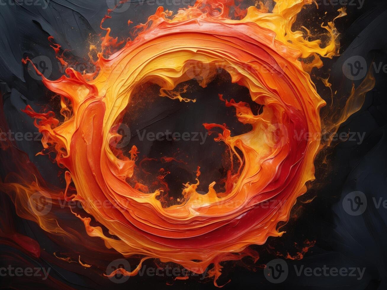 Fiery circular rings of intense orange and red flames creating an energetic and dynamic abstract background The flames are bursting with power and combustion. photo